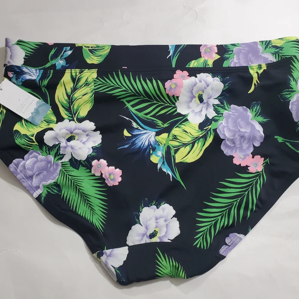 NWT Cacique Two Piece Swimsuit Blouson Tee Bikini Bottom Black Floral Size 18